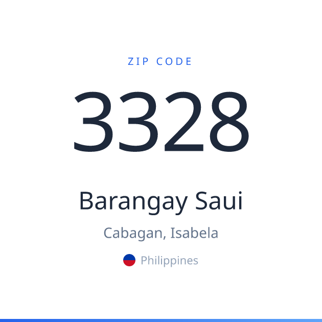 Shareable ZIP code 3328 card for Barangay Saui, light theme