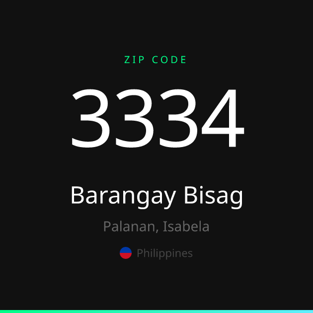 Shareable ZIP code 3334 card for Barangay Bisag, dark theme