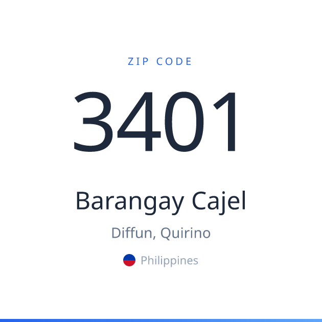Shareable ZIP code 3401 card for Barangay Cajel, light theme