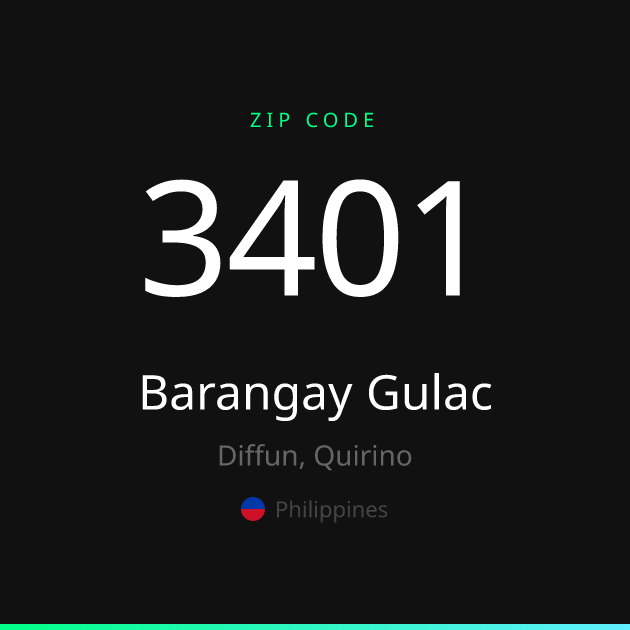 Shareable ZIP code 3401 card for Barangay Gulac, dark theme