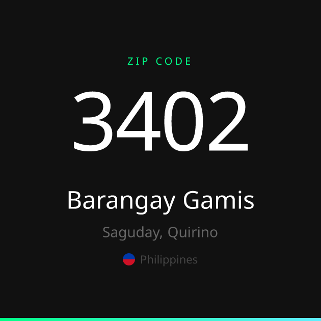 Shareable ZIP code 3402 card for Barangay Gamis, dark theme