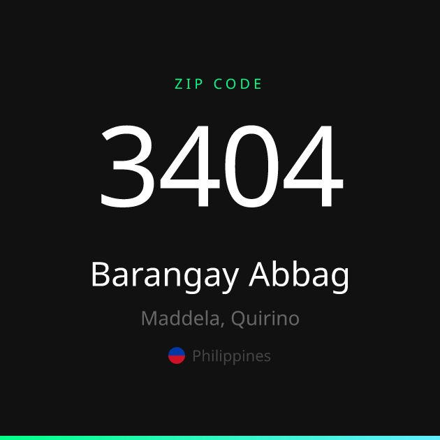 Shareable ZIP code 3404 card for Barangay Abbag, dark theme