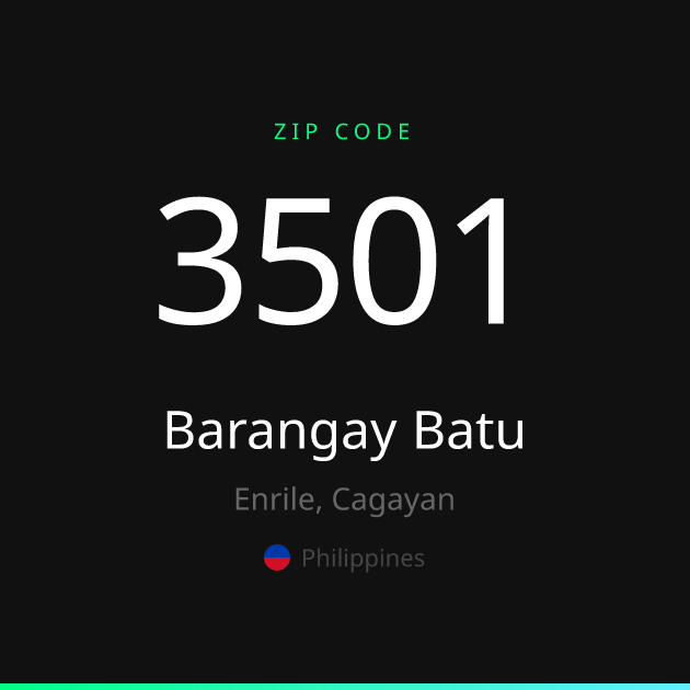 Shareable ZIP code 3501 card for Barangay Batu, dark theme