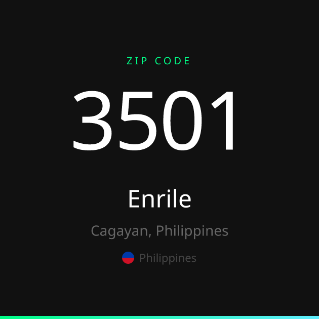 Shareable ZIP code 3501 card for Enrile, dark theme