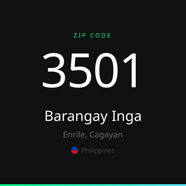 Shareable ZIP code 3501 card for Barangay Inga, dark theme