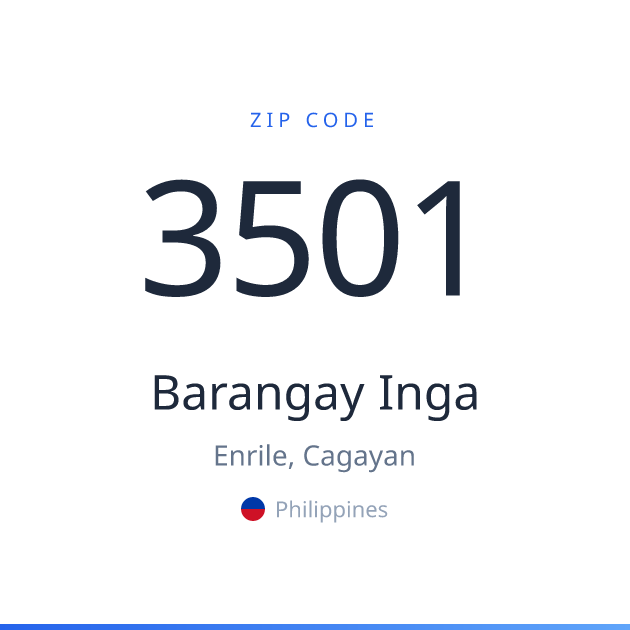Shareable ZIP code 3501 card for Barangay Inga, light theme