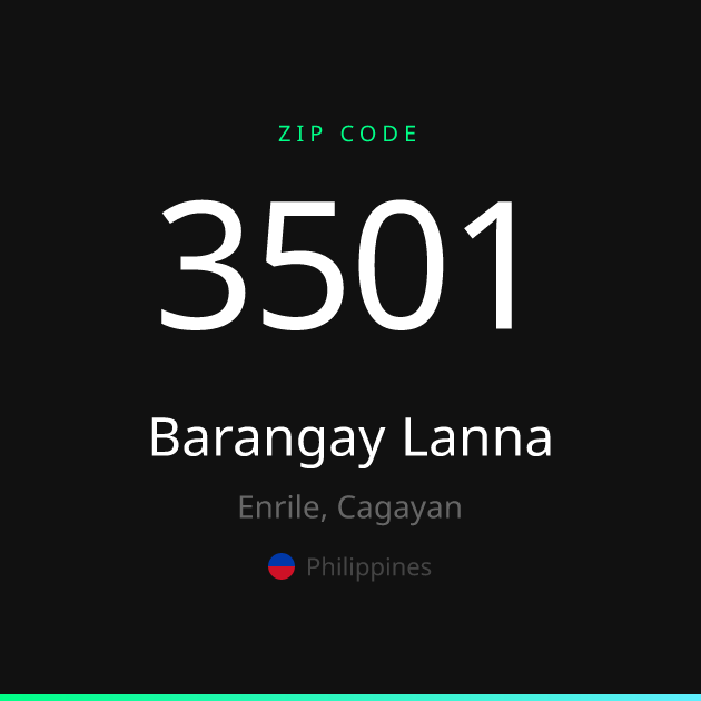 Shareable ZIP code 3501 card for Barangay Lanna, dark theme