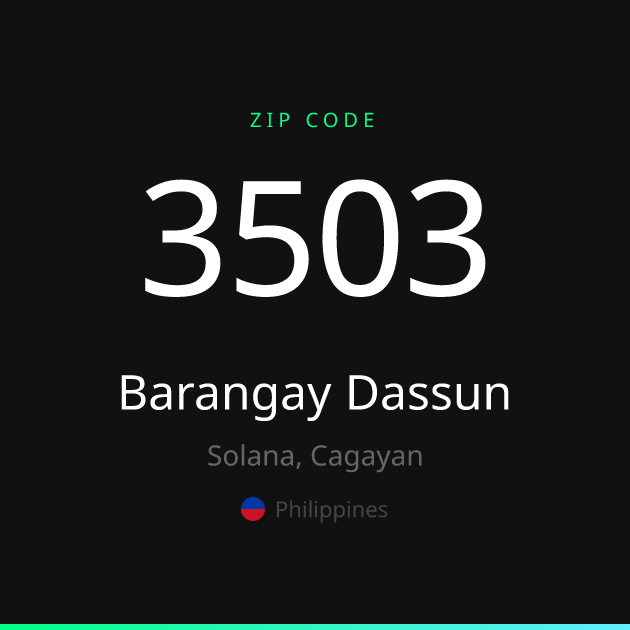 Shareable ZIP code 3503 card for Barangay Dassun, dark theme