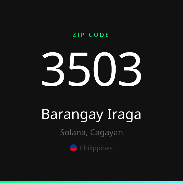 Shareable ZIP code 3503 card for Barangay Iraga, dark theme