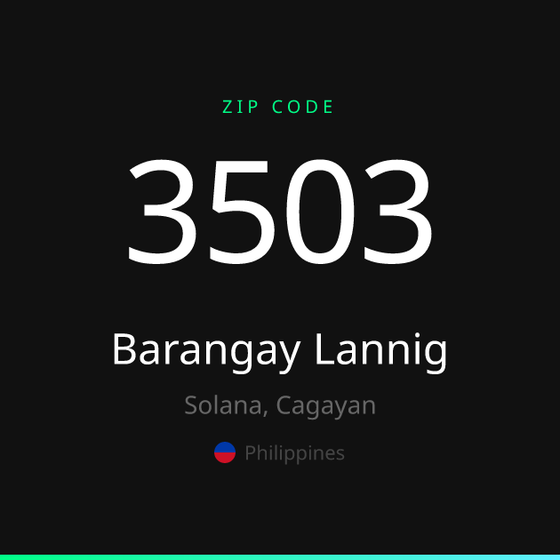 Shareable ZIP code 3503 card for Barangay Lannig, dark theme