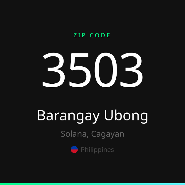Shareable ZIP code 3503 card for Barangay Ubong, dark theme