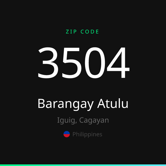 Shareable ZIP code 3504 card for Barangay Atulu, dark theme