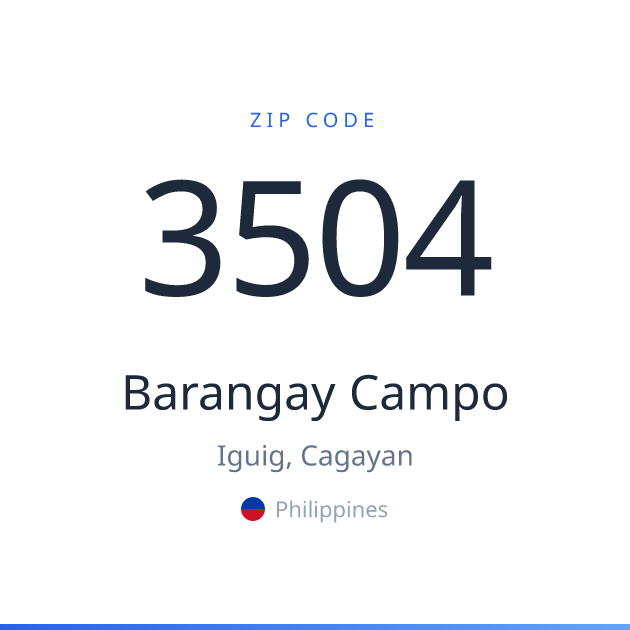 Shareable ZIP code 3504 card for Barangay Campo, light theme