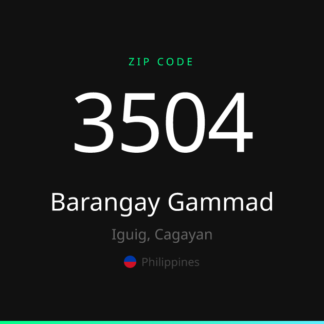 Shareable ZIP code 3504 card for Barangay Gammad, dark theme
