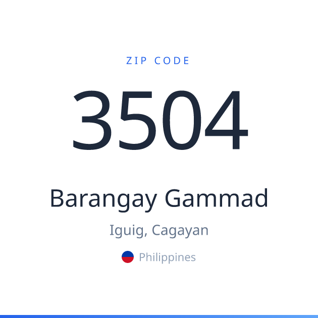 Shareable ZIP code 3504 card for Barangay Gammad, light theme