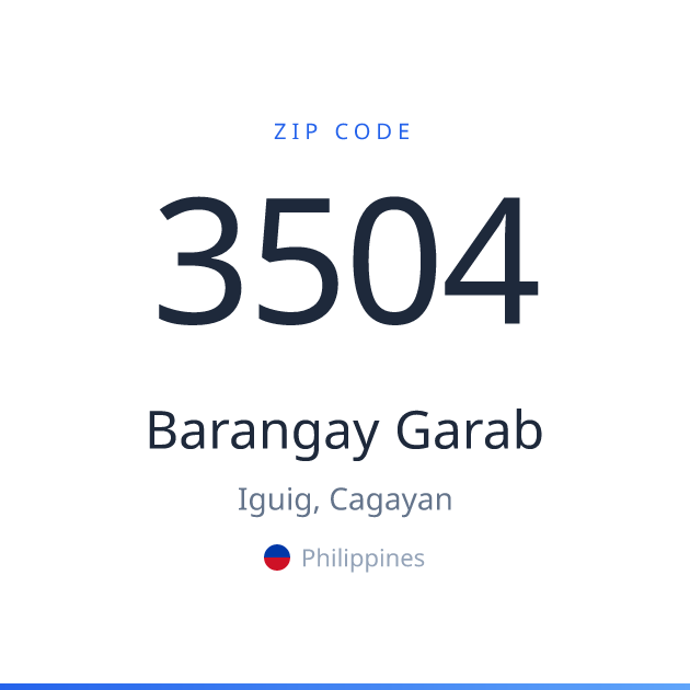 Shareable ZIP code 3504 card for Barangay Garab, light theme