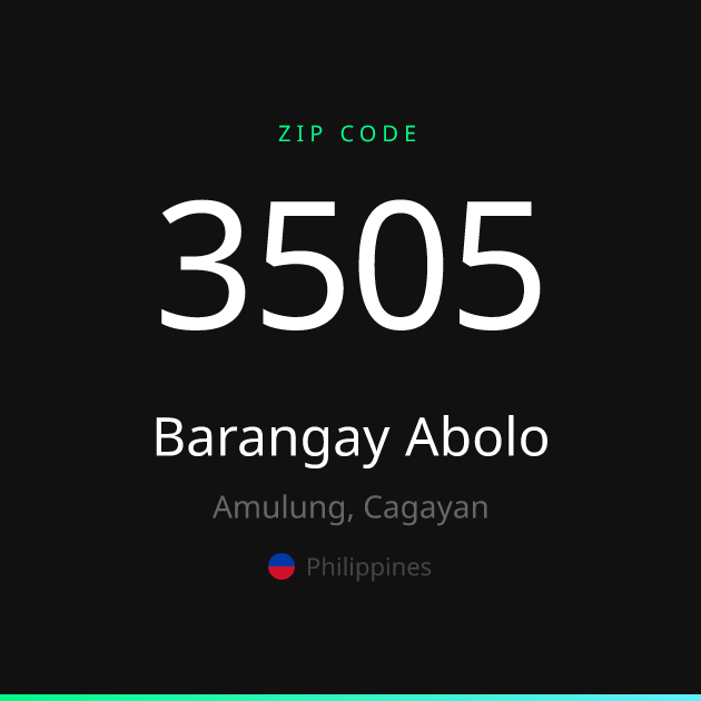 Shareable ZIP code 3505 card for Barangay Abolo, dark theme