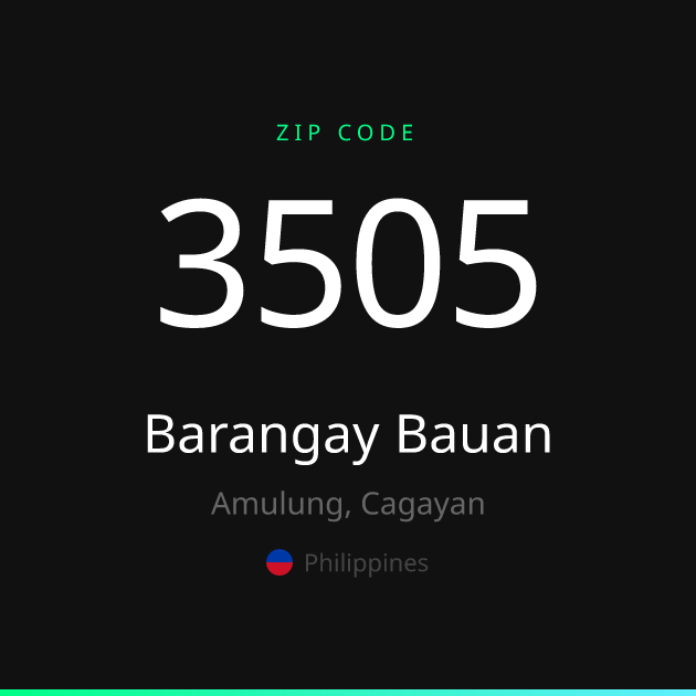 Shareable ZIP code 3505 card for Barangay Bauan, dark theme