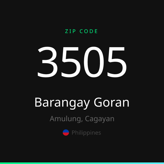 Shareable ZIP code 3505 card for Barangay Goran, dark theme