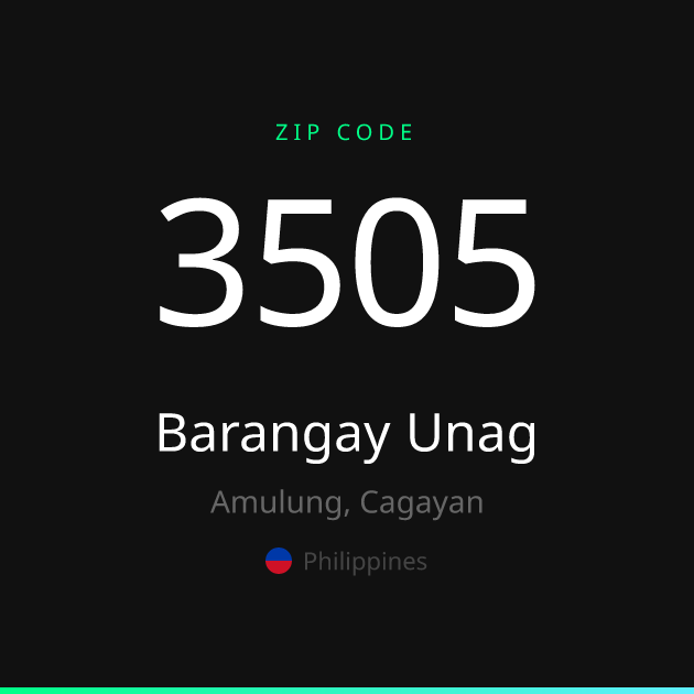 Shareable ZIP code 3505 card for Barangay Unag, dark theme