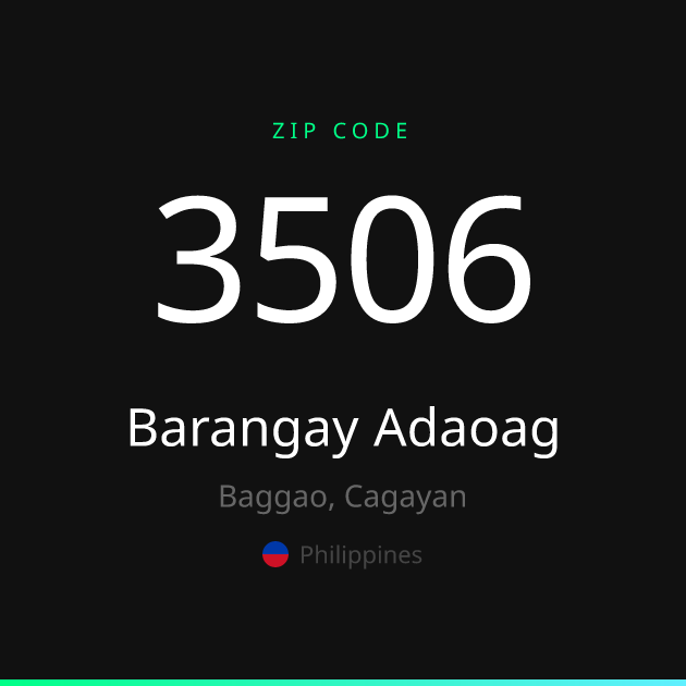 Shareable ZIP code 3506 card for Barangay Adaoag, dark theme