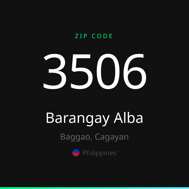 Shareable ZIP code 3506 card for Barangay Alba, dark theme