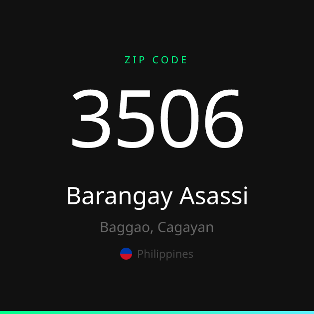 Shareable ZIP code 3506 card for Barangay Asassi, dark theme