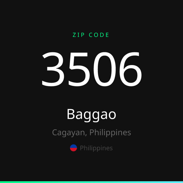 Shareable ZIP code 3506 card for Baggao, dark theme