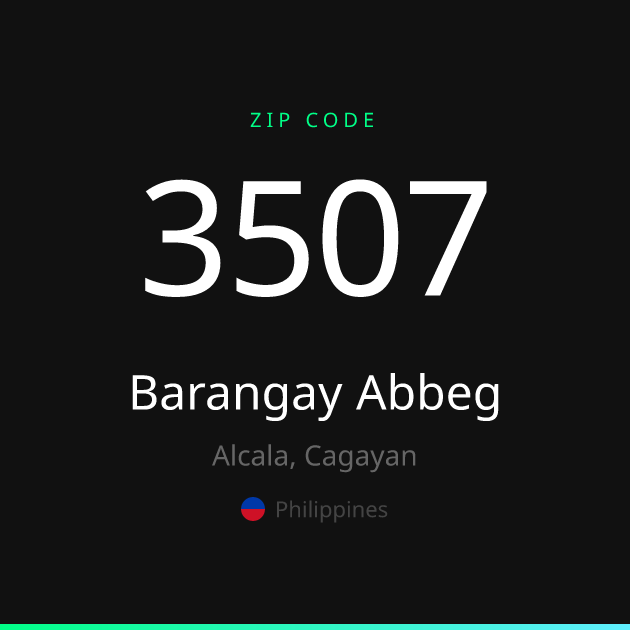Shareable ZIP code 3507 card for Barangay Abbeg, dark theme