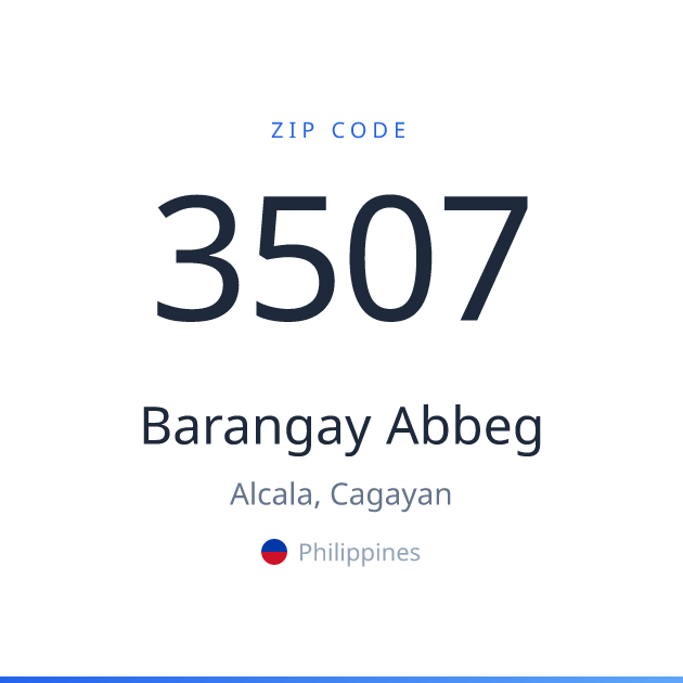 Shareable ZIP code 3507 card for Barangay Abbeg, light theme