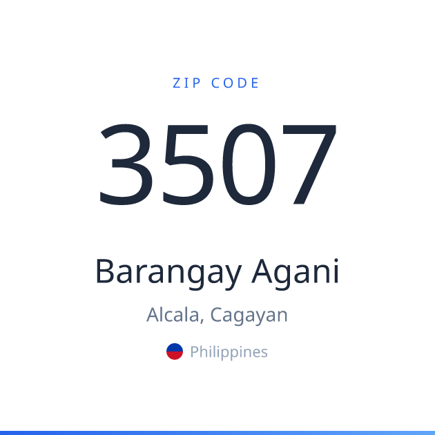 Shareable ZIP code 3507 card for Barangay Agani, light theme