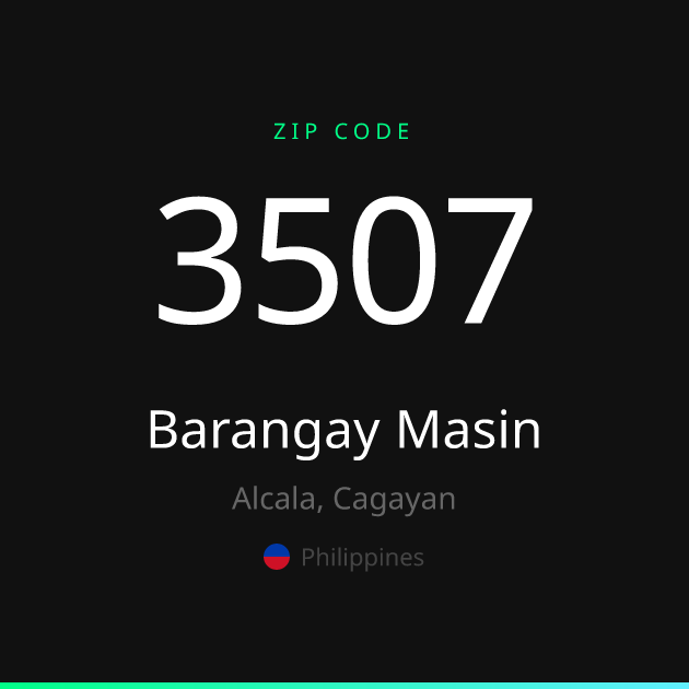 Shareable ZIP code 3507 card for Barangay Masin, dark theme