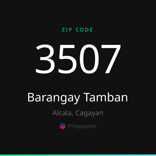 Shareable ZIP code 3507 card for Barangay Tamban, dark theme