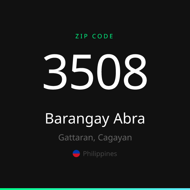 Shareable ZIP code 3508 card for Barangay Abra, dark theme