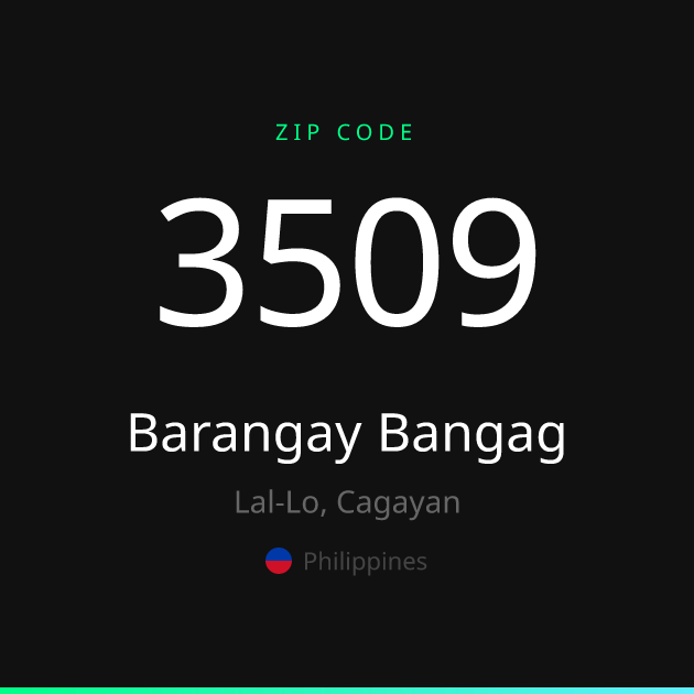 Shareable ZIP code 3509 card for Barangay Bangag, dark theme
