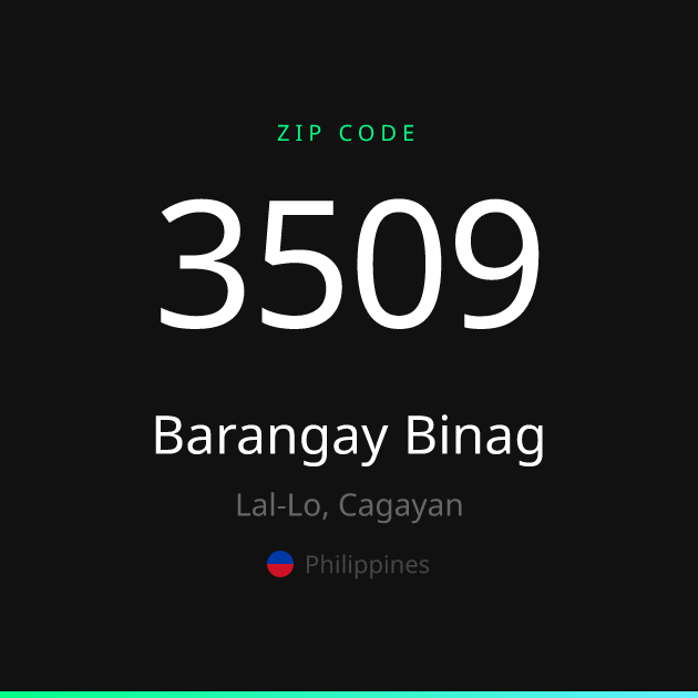 Shareable ZIP code 3509 card for Barangay Binag, dark theme