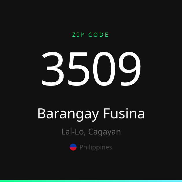 Shareable ZIP code 3509 card for Barangay Fusina, dark theme