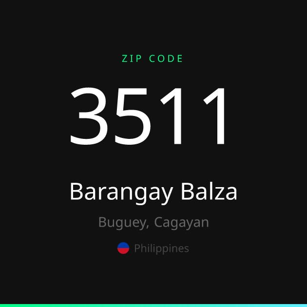 Shareable ZIP code 3511 card for Barangay Balza, dark theme