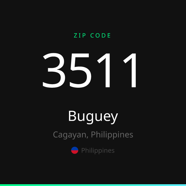 Shareable ZIP code 3511 card for Buguey, dark theme
