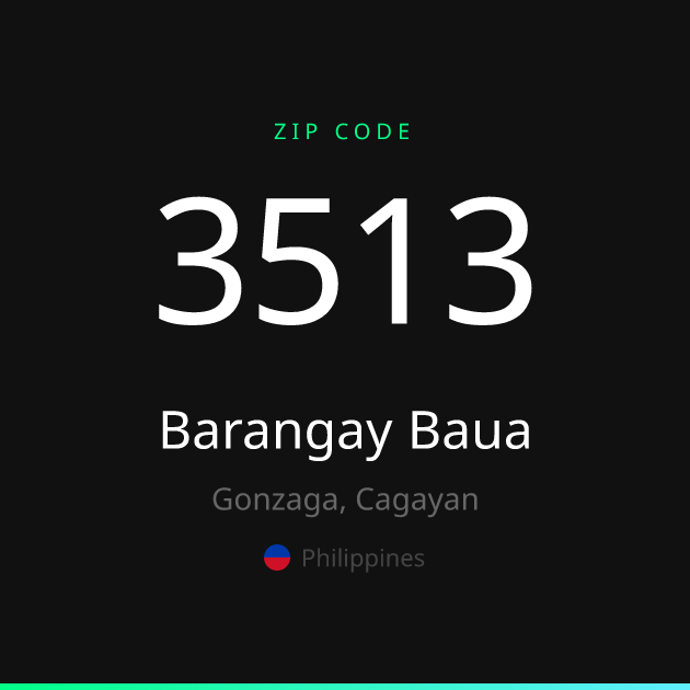 Shareable ZIP code 3513 card for Barangay Baua, dark theme