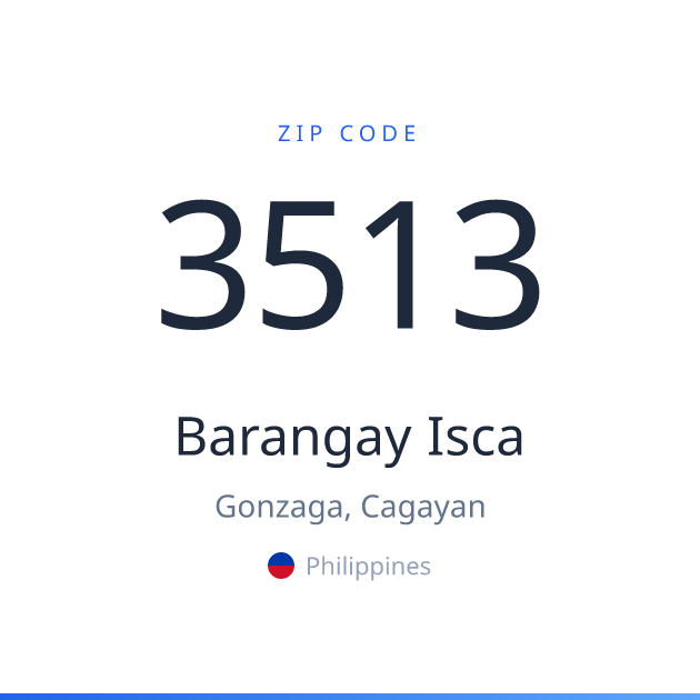 Shareable ZIP code 3513 card for Barangay Isca, light theme