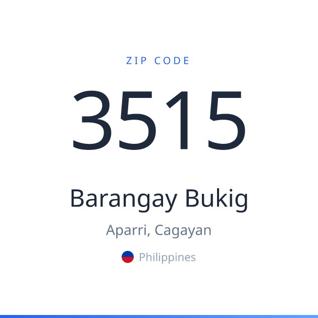 Shareable ZIP code 3515 card for Barangay Bukig, light theme
