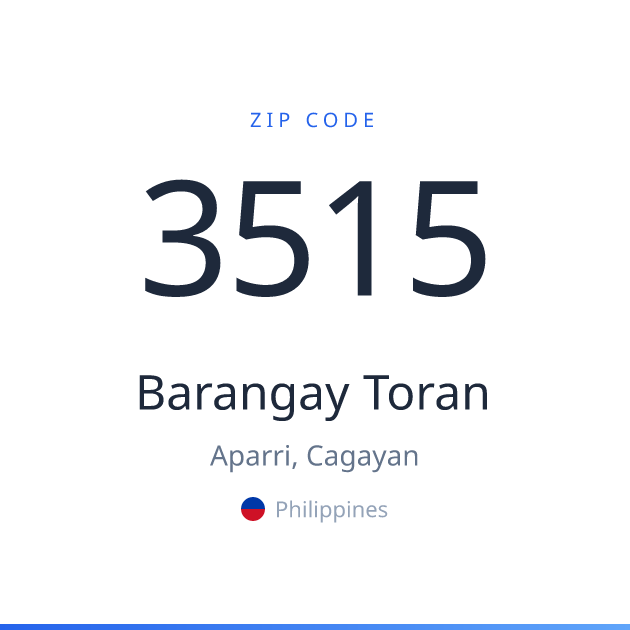 Shareable ZIP code 3515 card for Barangay Toran, light theme