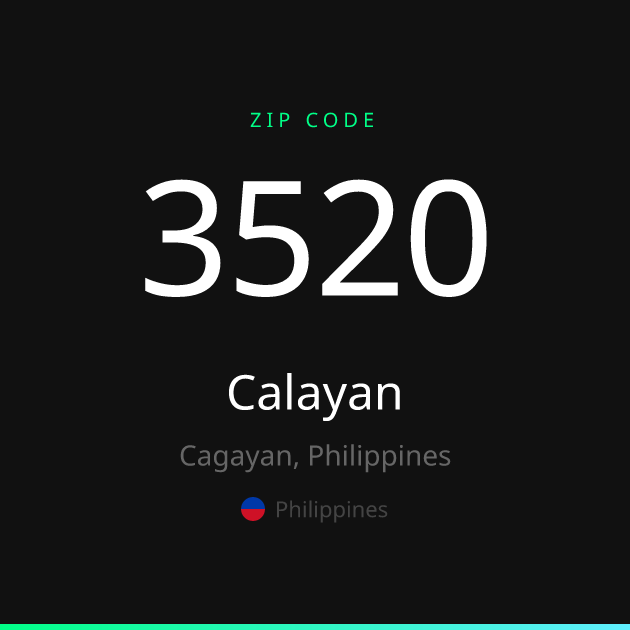 Shareable ZIP code 3520 card for Calayan, dark theme
