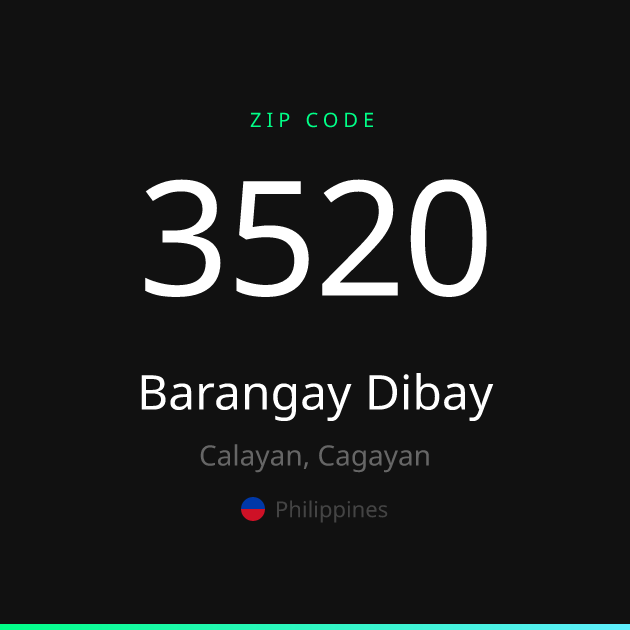Shareable ZIP code 3520 card for Barangay Dibay, dark theme