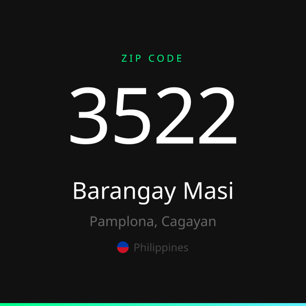 Shareable ZIP code 3522 card for Barangay Masi, dark theme
