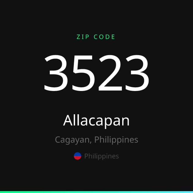 Shareable ZIP code 3523 card for Allacapan, dark theme