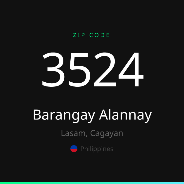 Shareable ZIP code 3524 card for Barangay Alannay, dark theme