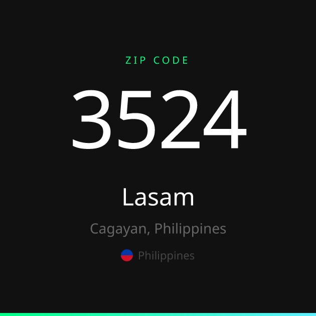 Shareable ZIP code 3524 card for Lasam, dark theme
