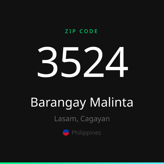 Shareable ZIP code 3524 card for Barangay Malinta, dark theme